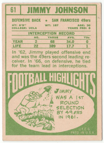 1968 Topps Football 61 Jimmy Johnson back