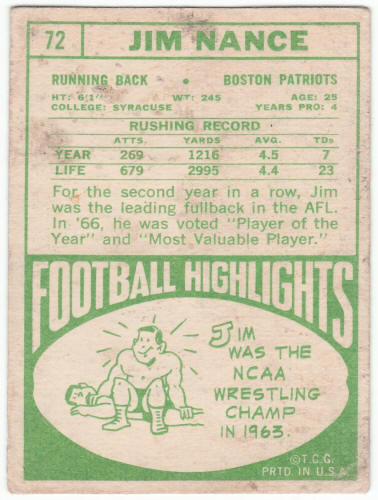 1968 Topps Football #72 Jim Nance Rookie Card