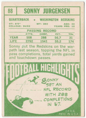 1968 Topps Football 88 Sonny Jurgensen