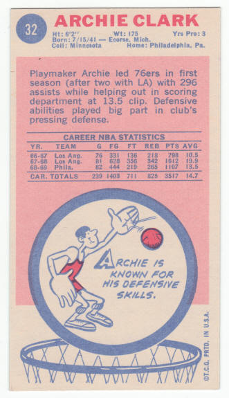 1969-70 Topps Archie Clark #32 Rookie Card back