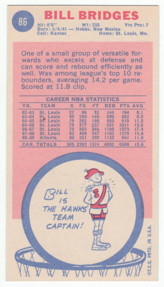 1969-70 Topps #86 Bill Bridges rookie card back