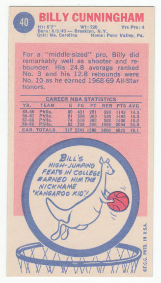 1969-70 Topps #40 Billy Cunningham Rookie Card