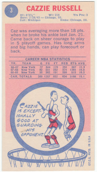 1969-70 Topps Basketball #3 Cazzie Russell Rookie Card