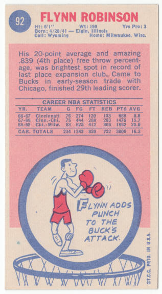 1969-70 Topps #92 Flynn Robinson Rookie Card back