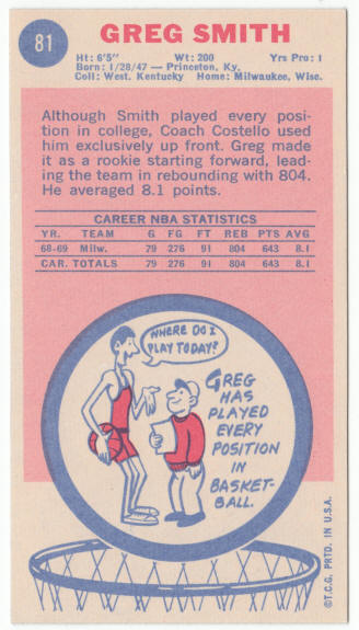 1969-70 Topps #81 Greg Smith Rookie Card back