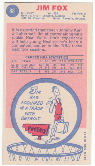 1969-70 Topps #88 Jim Fox Rookie Card back