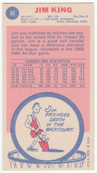 1969-70 Topps #66 Jim King Rookie Card back