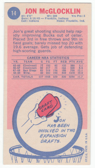 1969-70 Topps #14 Jon McGlocklin Rookie Card