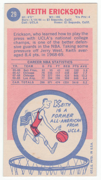 1969-70 Topps Keith Erickson #29 Rookie Card back