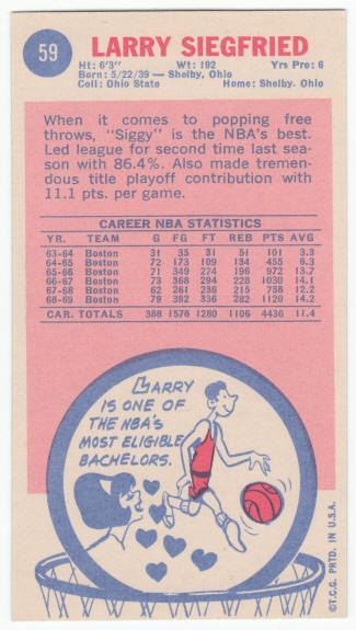 1969-70 Topps #59 Larry Siegfried Rookie Card back