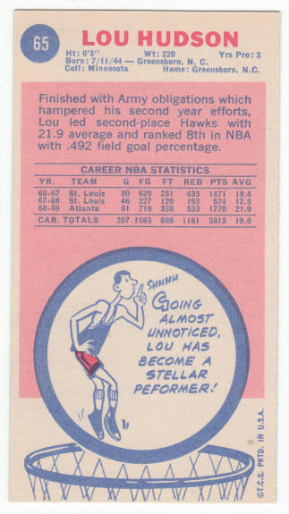 1969-70 Topps #65 Lou Hudson Rookie Card