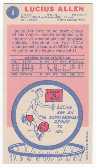 1969-70 Topps Lucius Allen #6 Rookie Card back