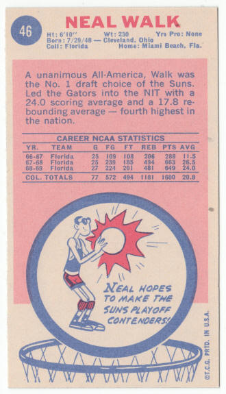 1969-70 Topps #46 Neal Walk rookie card back