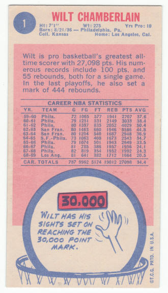 1969-70 Topps #1 Wilt Chamberlain back