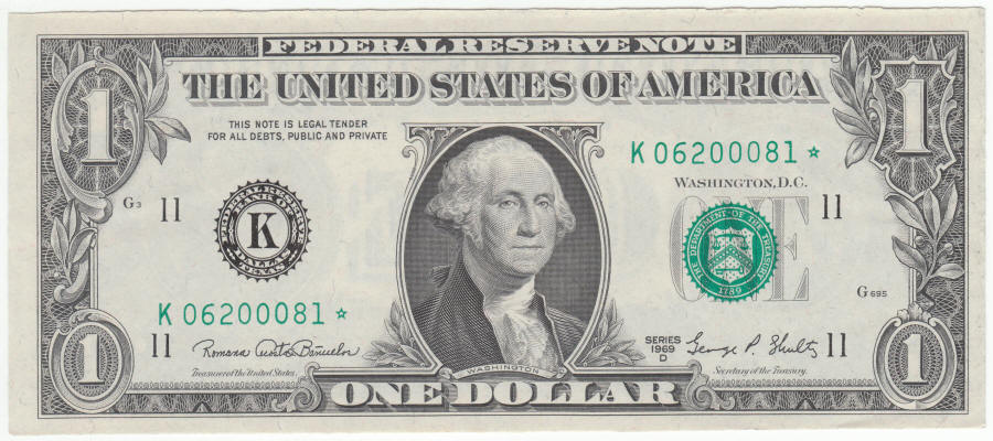 1969 Series D US Washington One Dollar Star Note