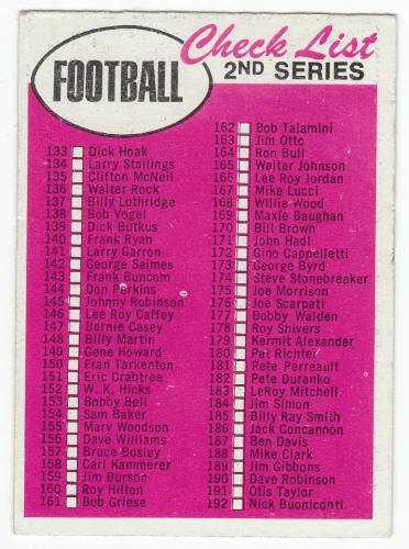 1969 Topps Football Second Series Checklist #132B front