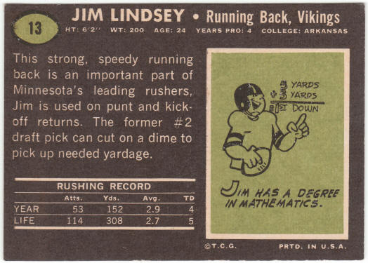 1969 Topps Football #13 Jim Lindsey Rookie Card