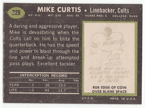 1969 Topps 229 Mike Curtis Rookie Card back