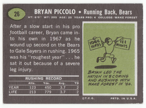 1969 Topps Brian Piccolo #26 Rookie Card back