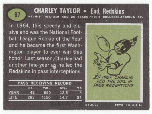 1969 Topps Charley Taylor #67 Card back
