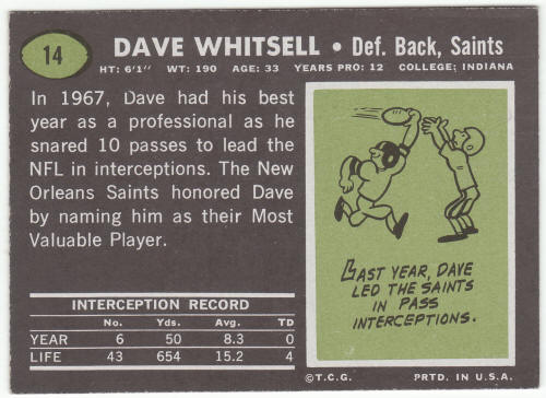 1969 Topps Football Dave Whitsell #14 Card