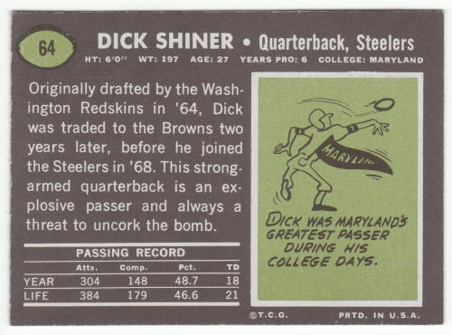 1969 Topps Football #64 Dick Shiner rookie back