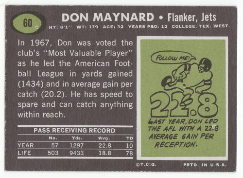 1969 Topps Don Maynard #60 Card back