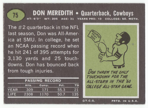 1969 Topps Don Meredith #75 Card back