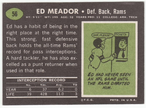 1969 Topps Football Ed Meador #56 Card