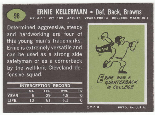 1969 Topps Football #96 Ernie Kellerman rookie card