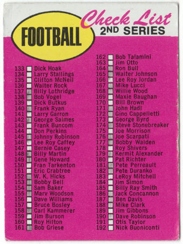 1969 Topps Football Second Series Checklist #132A front