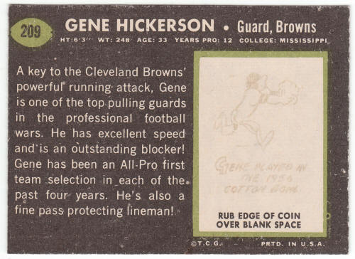 1969 Topps #209 Gene Hickerson back