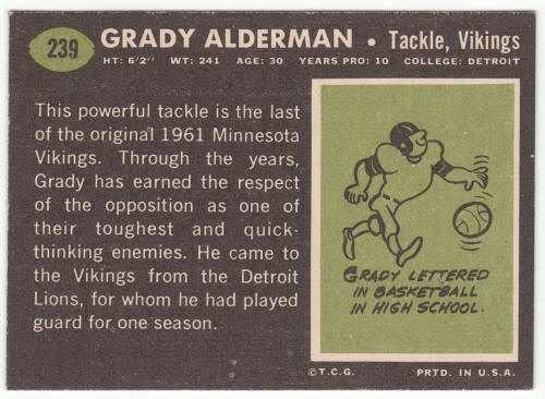 1969 Topps #239 Grady Alderman back