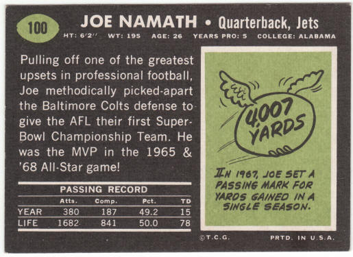 1969 Topps Football #100 Joe Namath