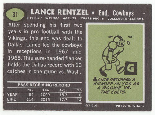1969 Topps Lance Rentzel #31 Rookie Card back