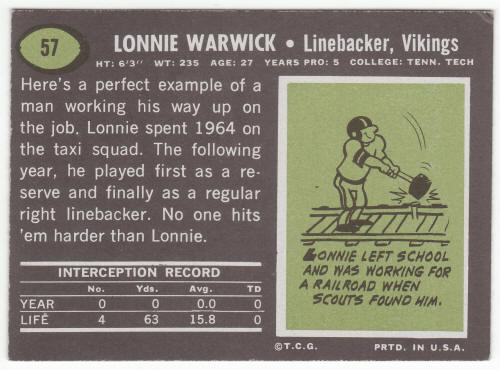 1969 Topps Football #57 Lonnie Warwick Rookie Card back