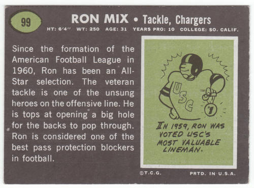 1969 Topps #99 Ron Mix back
