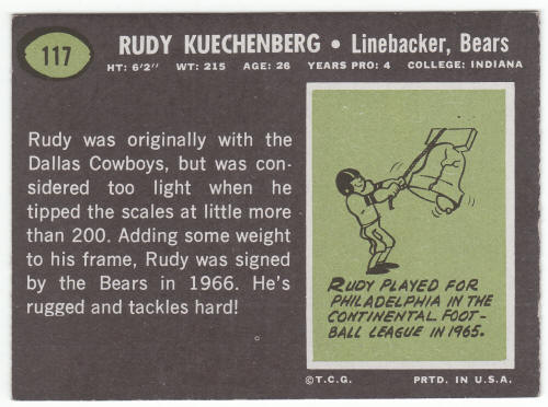 1969 Topps #117 Rudy Kuechenberg rookie card back