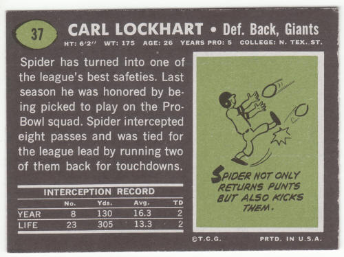 1969 Topps Football #37 Carl Spider Lockhart back