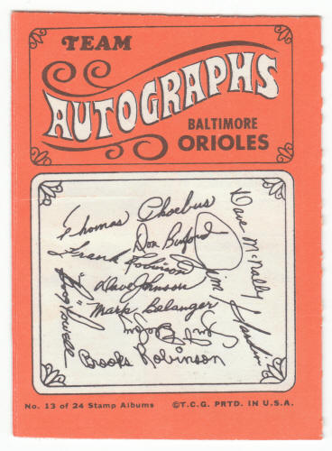 1969 Topps Stamp Album #13 Baltimore Orioles Ex- back