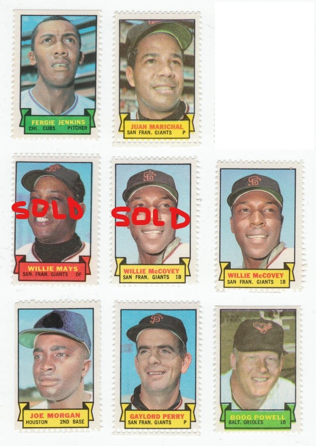 1969 Topps Baseball Stamps Jenkins Marichal McCovey Morgan Perry Powell