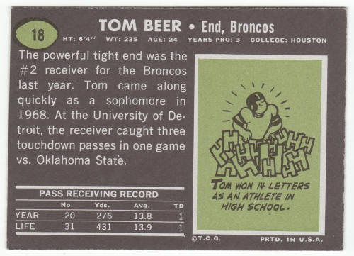 1969 Topps Football Tom Beer #18 Card