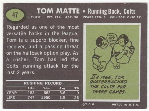 1969 Topps Football #47 Tom Matte back