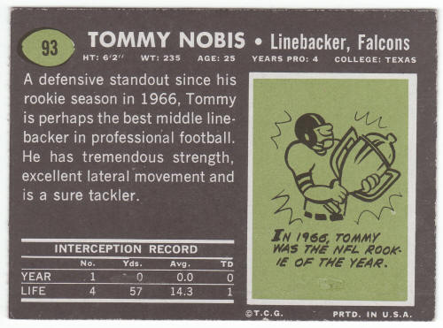 1969 Topps #93 Tommy Nobis back