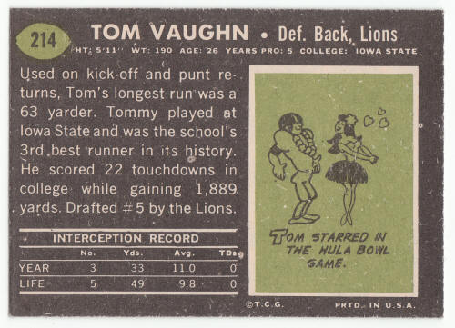 1969 Topps Tom Vaughn #214 Rookie Card back