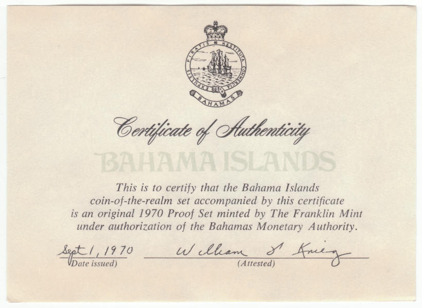 1970 Bahama Islands Proof Set Certificate of Authenticity