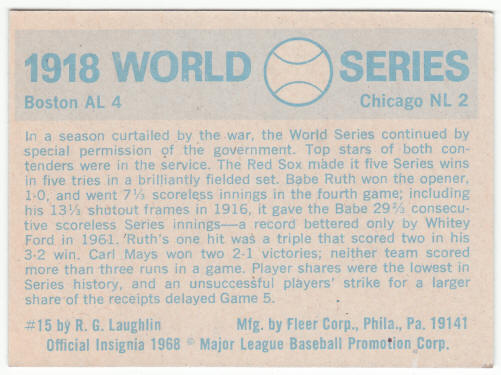 1970 Fleer #15 1918 World Series back