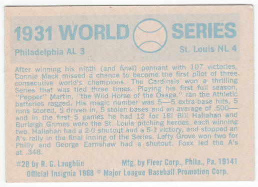 1970 Fleer 1931 World Series Card #28 back