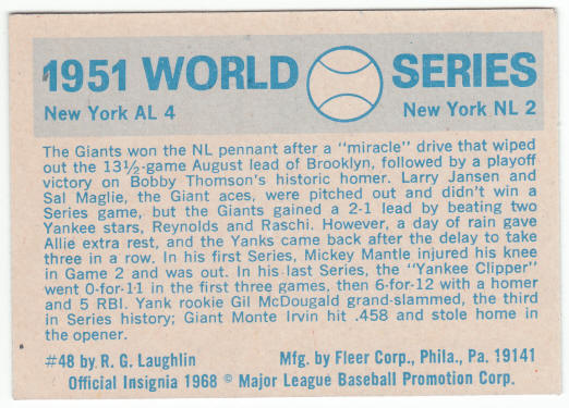 1970 Fleer 1951 World Series Card #48 back