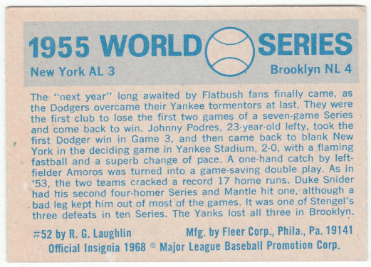 1970 Fleer 1955 World Series Card #52 back